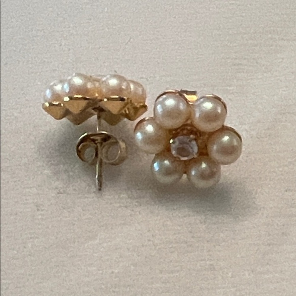 Faux Pearl Flower Stud Earrings | Gold Tone Crystal Center